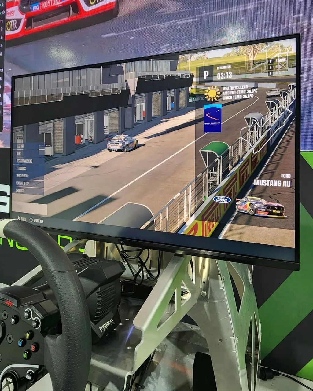 Mount Panorama pit lane on the TCL 32G64, sharp detail on the Red Bull Mustang, with the live Bathurst 1000 broadcast on our LED wall behind